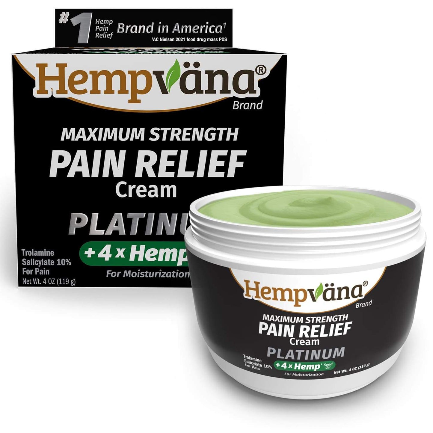 Jar of Hempvana Platinum Pain Relief Cream with black and white labeling, box in the background